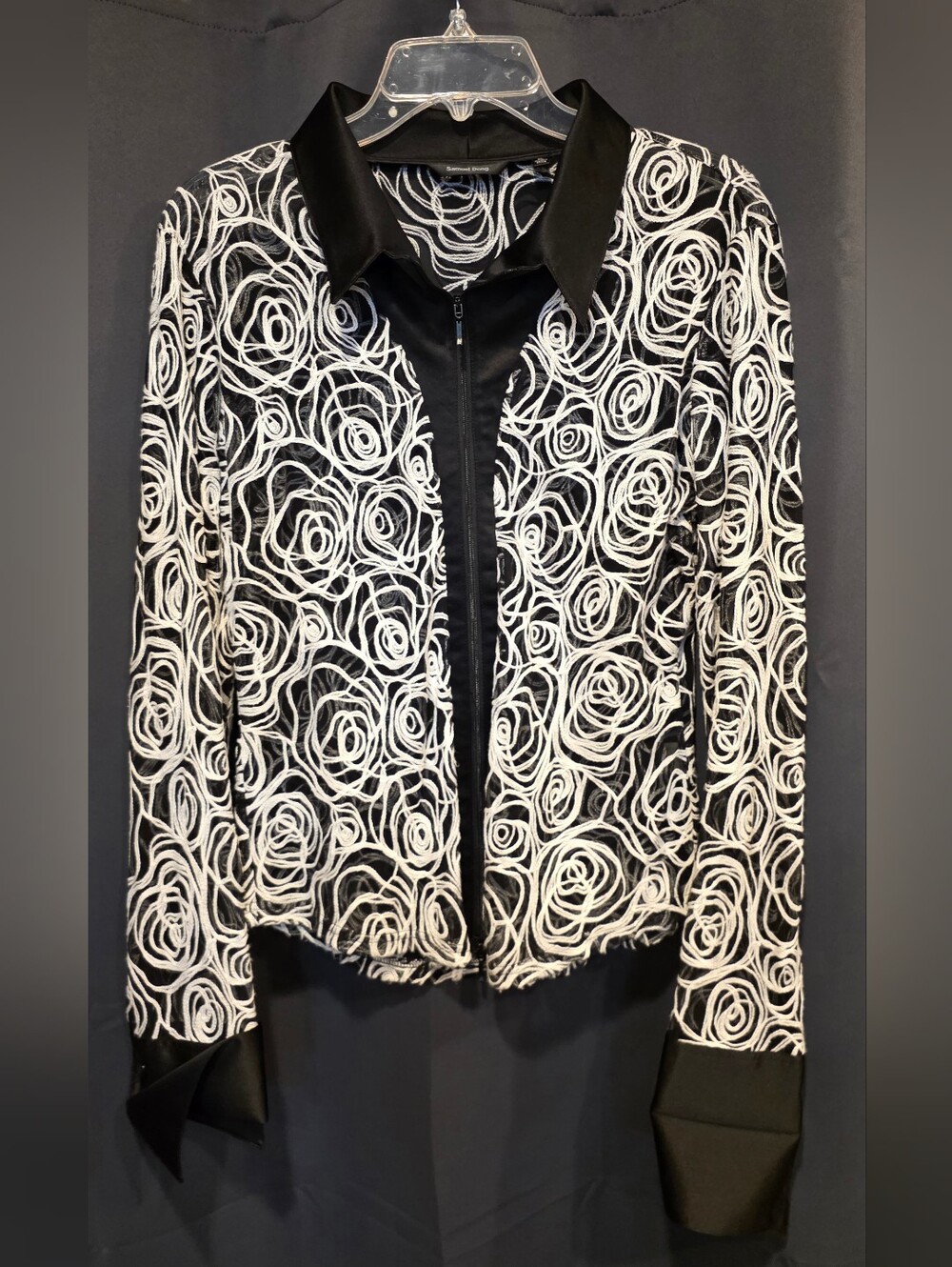 Samuel Dong Black & White Textured Floral Zip-Front Jacket XL